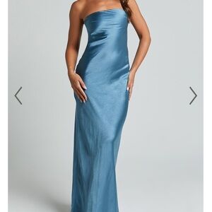 CHARLITA STRAPLESS COWL BACK SATIN MAXI DRESS IN STEEL BLUE size 6